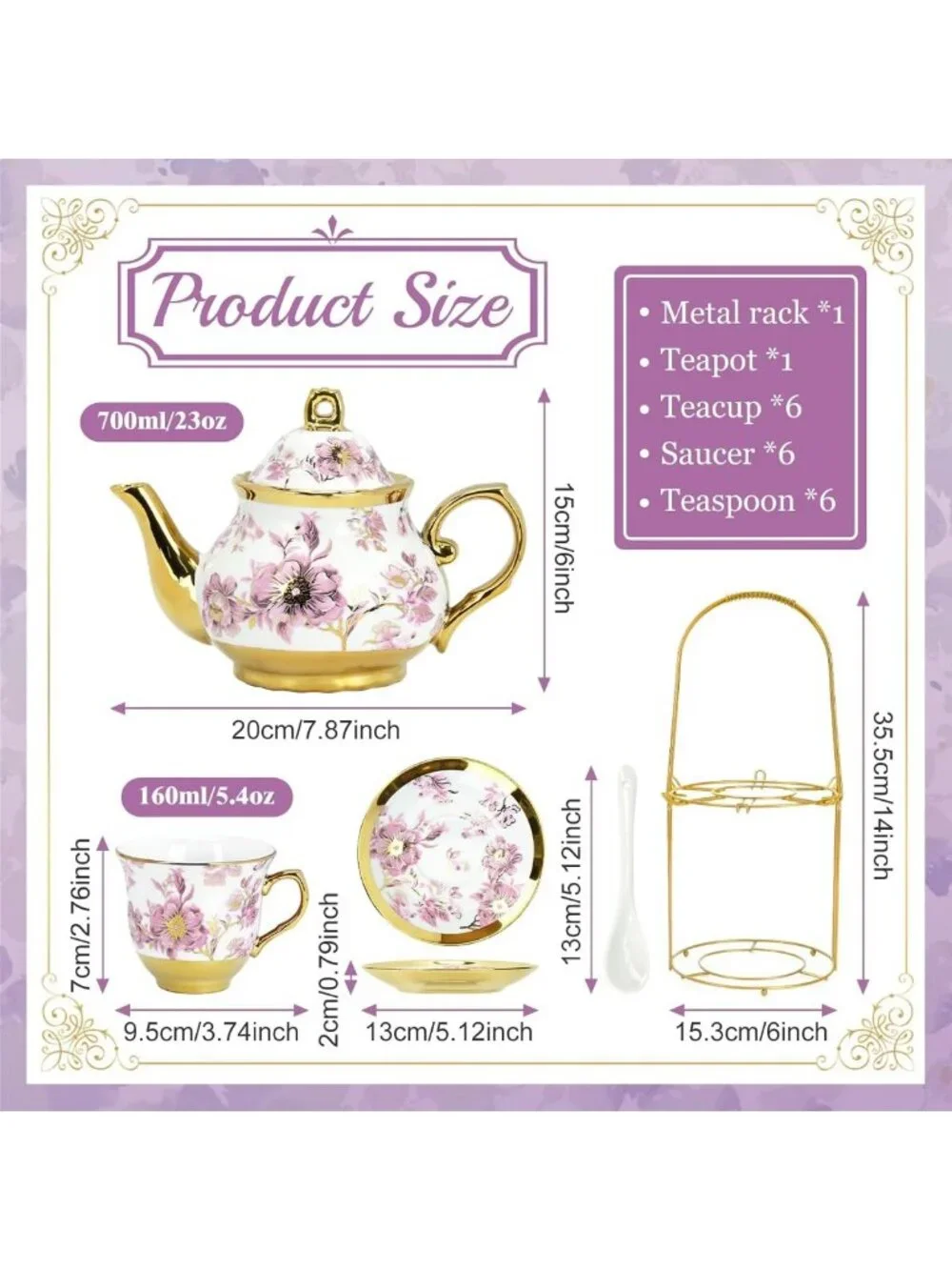 Elegant 20-Piece Porcelain Tea Set with Metal Holder for 6 - Perfect for